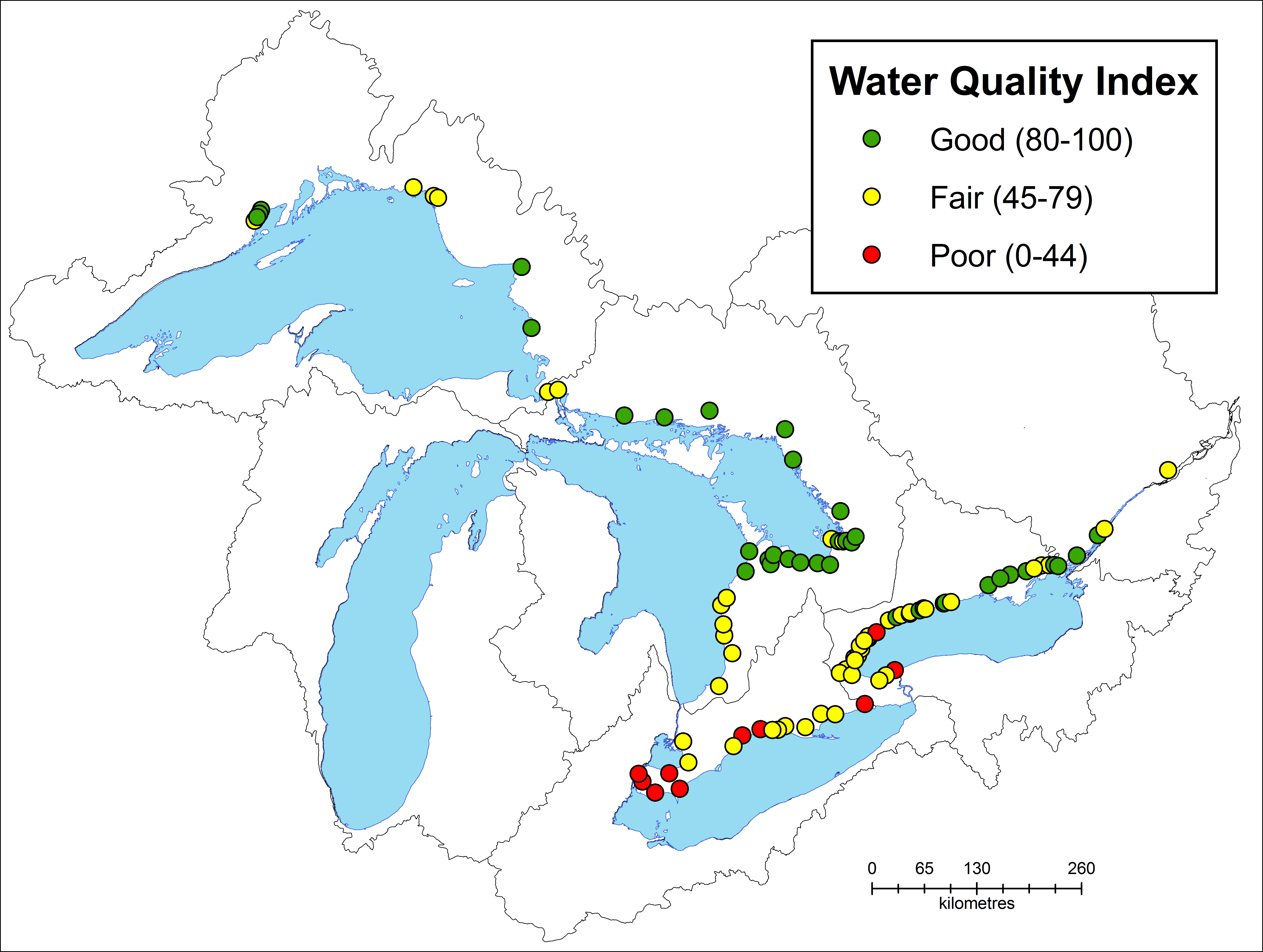 Figure 1: Map showing the Water Quality Index values for 95 tributaries to the Great Lakes. Green represents good values 80-100. Yellow represents fair values 45-79. Red represents poor values 0-44.