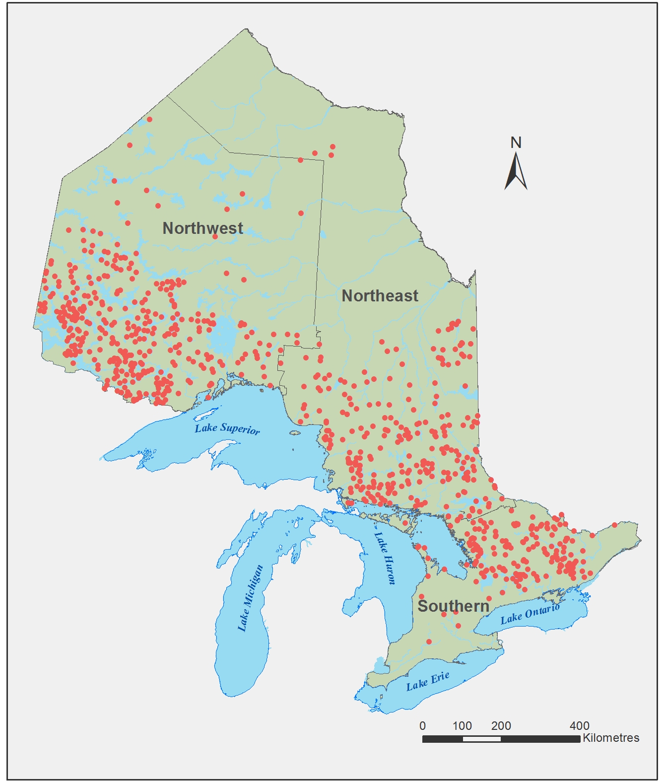Figure 11: A map of Ontario showing the location of BSM lakes sampled during the first cycle (2008-2012). Three MNRF regional boundaries are also shown on the map (i.e., northeast, northwest and south).
