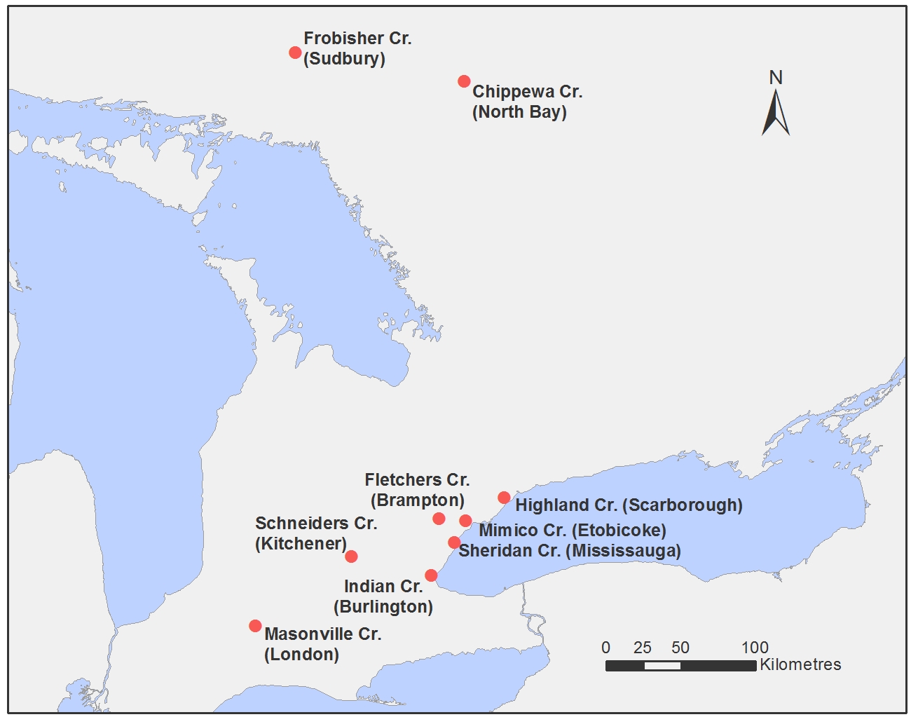 Figure 17: Map showing the stream monitoring locations of 10 streams in major urban centers in Ontario where pesticides were monitored during a six-year ministry study, completed in 2013.  