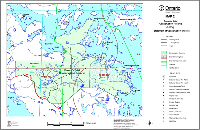 Map showing the deer wintering area, bear management area, trapline and baitfish block inside the conservation reserve