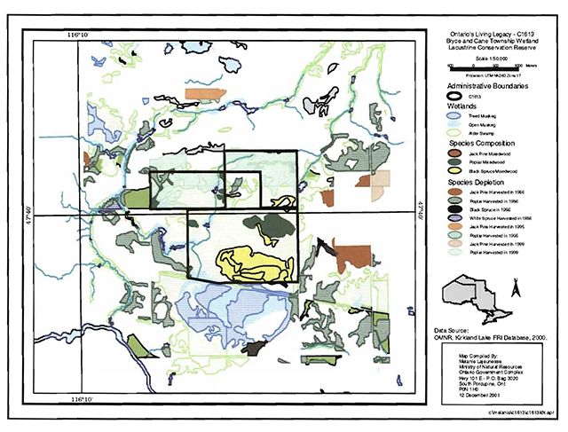 An map of the administrative boundaries, wetlands, species compositions, and species depletion of the Bryce and Cane township Wetland Lacustirine Conservation reserve