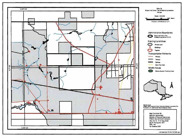 A map of Bryce and Cane township Administrative boundaries, land use, transportation networks and wildlife values