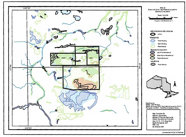 A map of Bryce and Cane township admnistrative boundaries, wetlands, and species composition. 