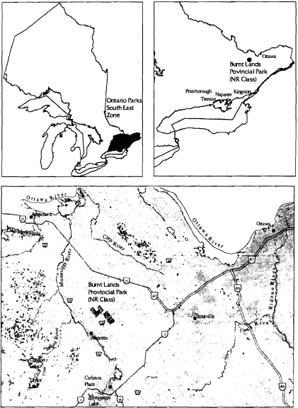 Map showing location of Burnt Lands Provincial Park in relation to surrounding region