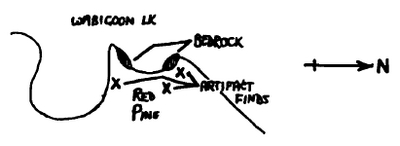 Image showing a handrawn map of the artifact finds and location marked with an 