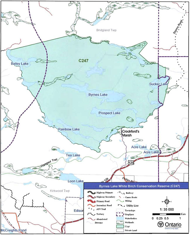 This photo shows the detailed map of Recreational Values of Byrnes Lake White Birch Conservation Reserve