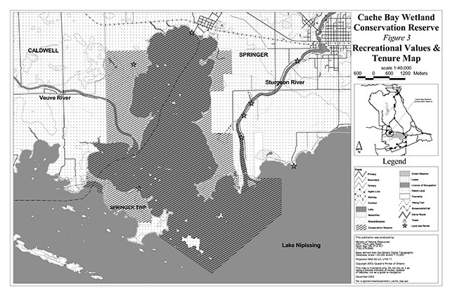 map of Cache Bay Wetland Conservation Reserve Recreational Values & Tenure Map.