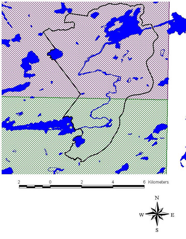 Map showing the boundaries of the two baitfishing blocks represented within Campfire River Conservation Reserve.