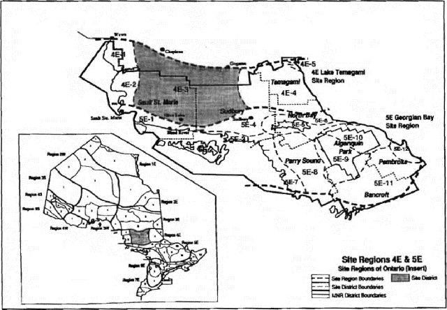 Map showing site regions 4E and 5E (larger map), with site regions of Ontario (inset). Site region boundaries are indicated with a thick dashed line, site district boundaries are indicated with a thin dashed line, Ministry of Natural Resources district boundaries are indicated with a black line, and site districts are shaded grey.