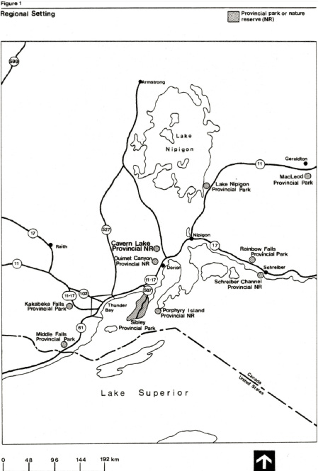 Map showing Cavern Lake Provincial Park in relation to surrounding region