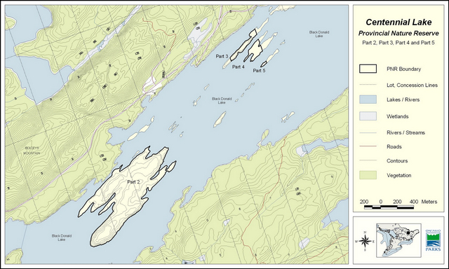 Map showing part 2, 3, 4, and 5 of the park boundary for Centennial Provincial Natures