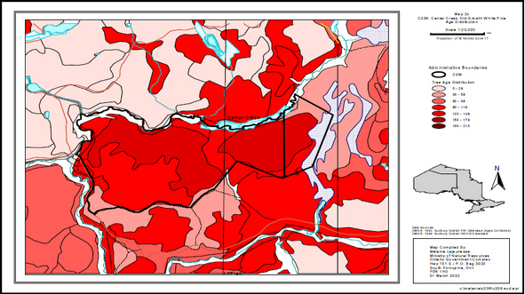 Colour map indicates administrative boundaries with a thick black line. Tree age distribution of 0-29 is depicted with light pink shading, 30-59 is salmon shading, 60-89 is pink, 90 to 119 is red, 120 to 149 is dark red, 150 to 179 is burgundy, and 180 to 210 is redish-brown.