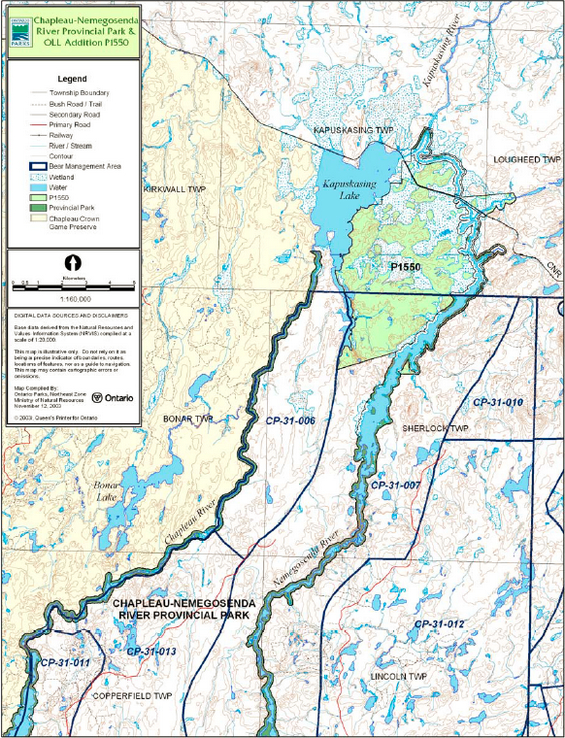 Map showing Bear Management Areas in the northern portion of the Chapleau-Nemegosenda River Provincial Park. Chapleau Crown Game Reserve, wetlands and areas north of the park including the Nemegosenda River Wetlands Park Addition (P1550) are also shown. The map scale shown is 1:160,000 kilometers.