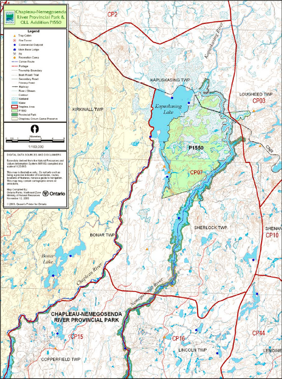 Map showing Trap Line Areas in the northern portion of the Chapleau-Nemegosenda River Provincial Park. Trap cabins, fire towers, commercial outposts, main base lodges, recreation camps, canoe routes, portages, township boundaries, bush road/trail, primary and secondary roads, railway lines, wetlands, Chapleau Crown Game Reserve and areas north of the park including the Nemegosenda River Wetlands Park Addition (P1550) are also shown. The map scale shown is 1:160,000 kilometers.