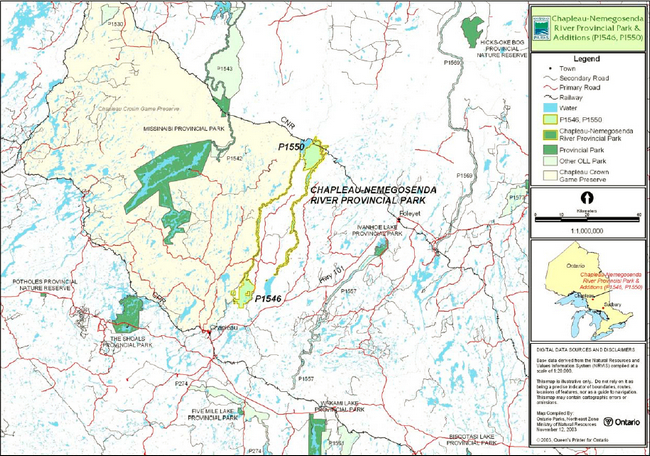 Map of the Chapleau-Nemegosenda River Provincial Park showing its location in Ontario. The map shows surrounding towns, roads, railways, other provincial parks and OLL parks and the Chapleau Crown Game Reserve.