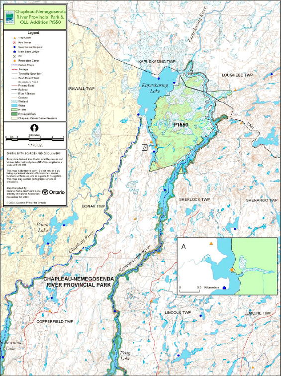 Map of the Chapleau-Nemegosenda River Provincial Park showing park boundaries and areas north of the park including the Nemegosenda River Wetlands Park Addition (P1550).