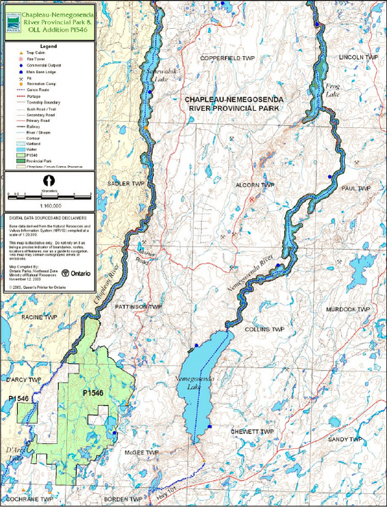 Map of the Chapleau-Nemegosenda River Provincial Park showing park boundaries and areas south of the park including the Chapleau-Nemegosenda River Provincial Park Addition (P1546).