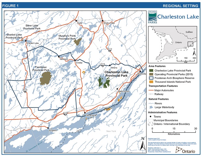 This is a map of Charleston Lake Provincial Park indicating the regional setting.