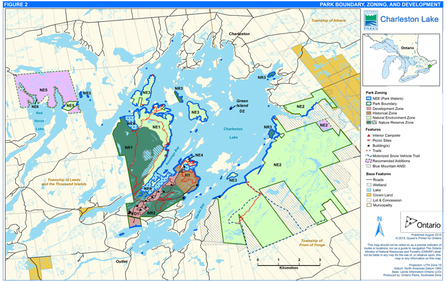 This is a map of Charleston Lake Provincial Park indicating the park boundary, zoning and development areas and features.