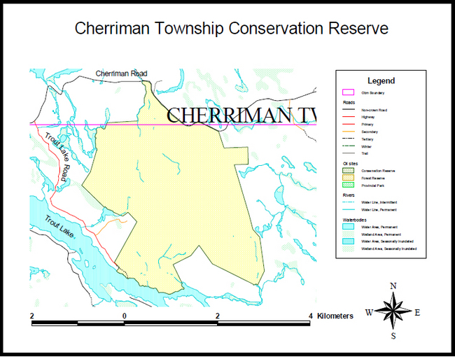 colour site map of Cherriman Township Conservation Reserve. Areas outlined in purple represent the Ontario Basic Mapping boundary, areas outlined in dark green represent conservation reserve, areas outlined in gold represent forest reserve, and areas outlined in neon green represent provincial park. Map also features seven types of roads, two types of rivers, and four types of waterbodies.