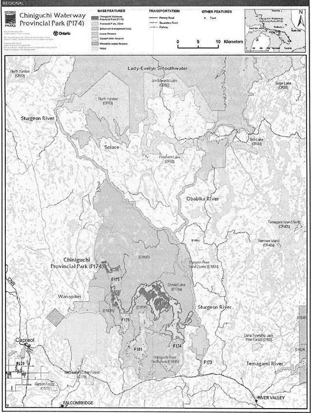 This is a regional settings map of Chiniguchi Waterway Provincial Park showing basic features and transportation.