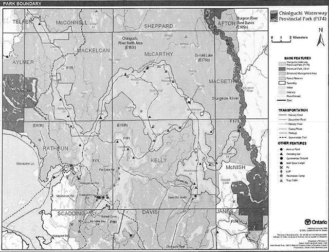 This is a park boundary map of Chiniguchi Waterway Provincial Park showing basic features and transportation.