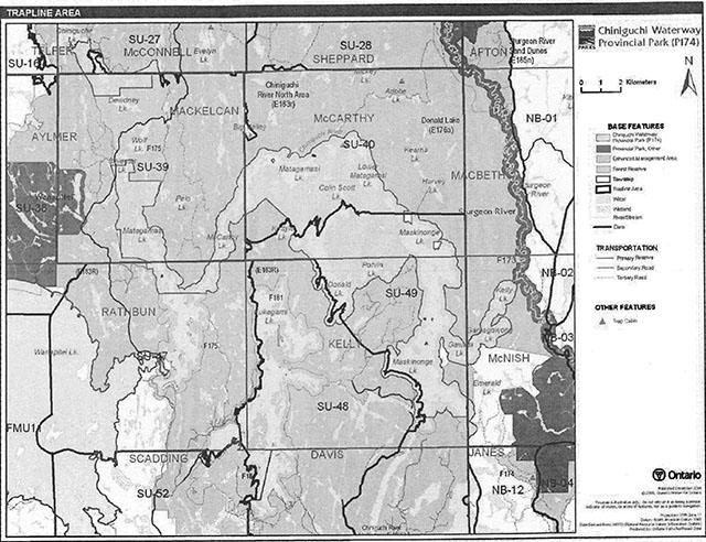 This is a figure 4 trapline map of Chiniguchi Waterway Provincial Park showing basic features and transportation.