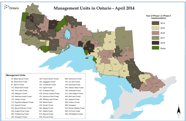 Map of Management units in Ontario as of April 1, 2014