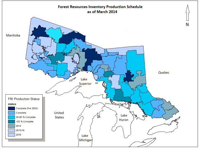 A map of Ontario which depicts by colour, the completion rate of the forest resources inventory. The production status includes complete pre 2005, complete, more than 90 percent complete, 50 to 90 percent complete, less than 50 percent complete, and what is scheduled for completion in 2014, 2015 and 2016.