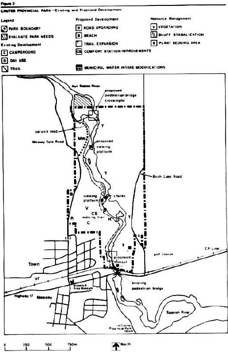 Map showing existing and proposed developments in the Chutes Provincial Park. Existing development areas shown are campgrounds, day use areas and trails. Proposed developments include road upgrading, beaches, trail expansions, comfort station improvements and municipal water intake modifications. Resource management areas such as vegetation, bluff stabilization and plant bedding areas are also shown on the map.