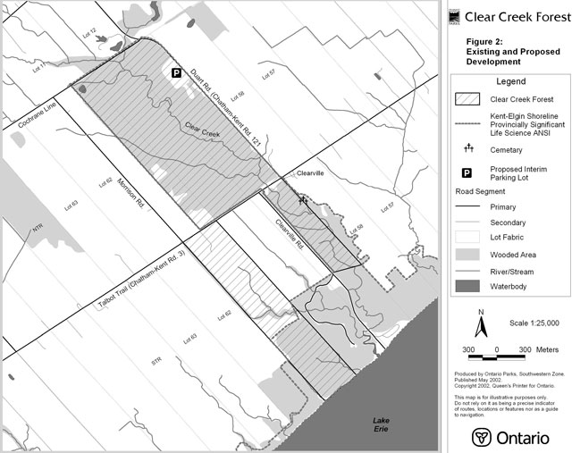 black and white map of Clear Creek Forest’s existing and proposed development. Diagonal lines represent Clear Creek Forest, dashed lines represent Kent-Elgin shoreline provincially significant life science Areas of Natural and Scientific Interest, clusters of crosses represent a cemetry, and icons with the letter P represent a proposed interim parking lot. Map also features primary and secondary roads, lot fabric, wooded area, rivers/streams, and waterbodies.