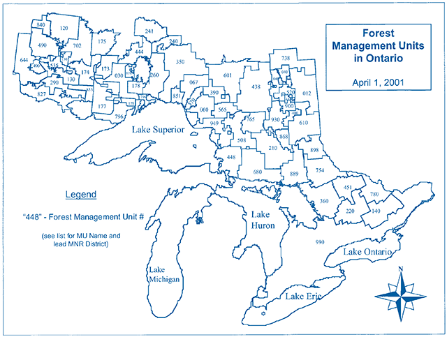 Map of Ontario showing Forest Management Units with the Management Unit name and Ministry of Natural Resources District indicated in the list below.