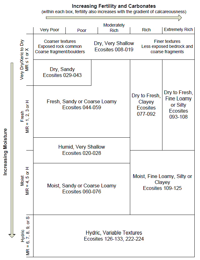 This edatope graphically describes where the different broad soil groups arrange on a graph with moisture on the y-axis and fertility on the x-axis.