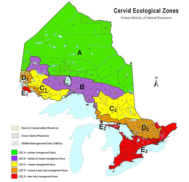 map indicating Cervid Ecological Zones in Ontario.