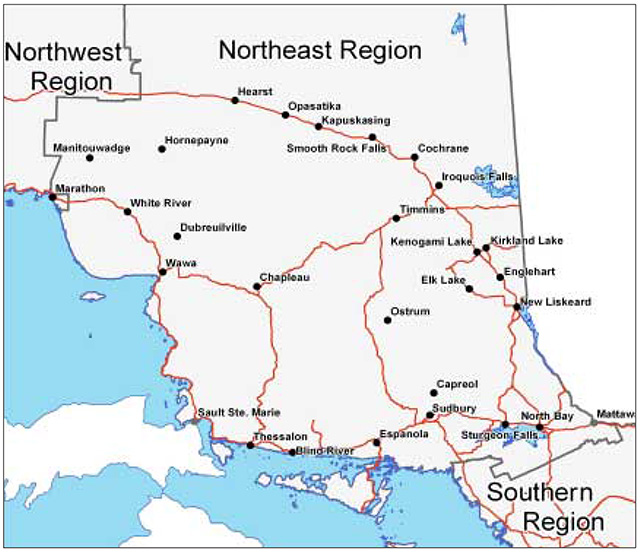 This is figure 8 map illustrating the three regions with communities with mills in Ontario.