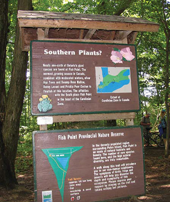 A photo of an education sign with information about plants and the Fish Point Provincial Nature Reserve