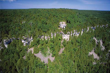 A colour photo of the Niagara Excarpment in Cabot Head Provincial Nature Reserve Park