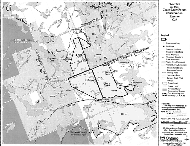 Grey scale map shoes boundaries of Crane Lake Forest Conservation Reserve (C27) and surroudning area.