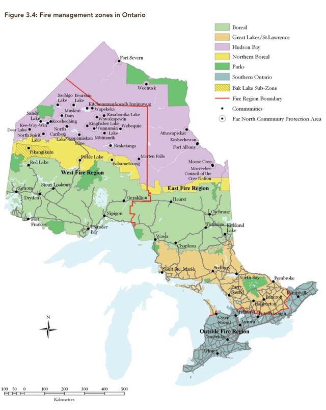 A map of the fire management zones of Ontario