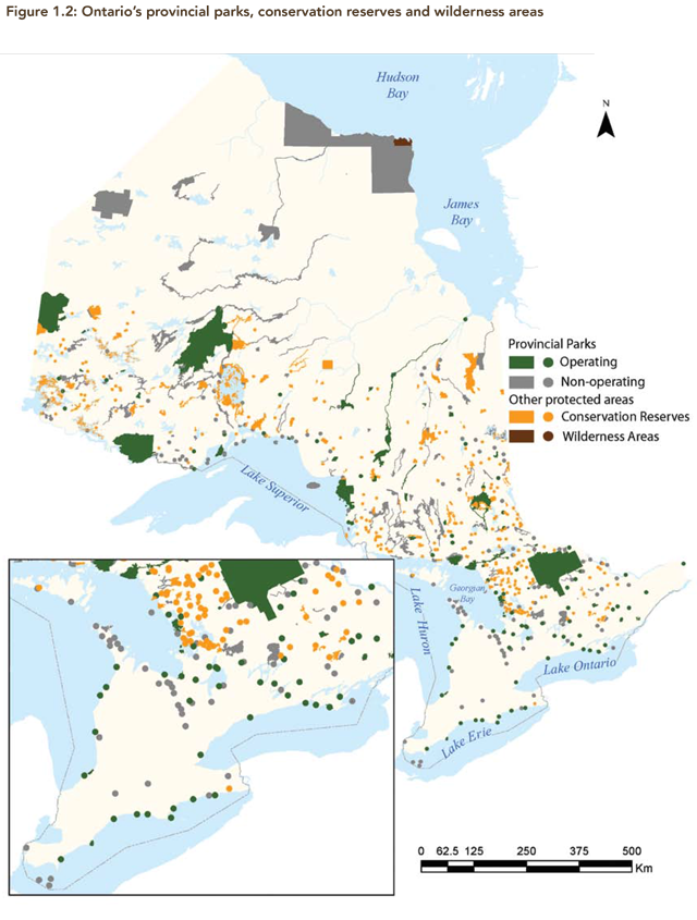 A map illustrating Ontario’s provincial parks, conservation areas, and wilderness areas.