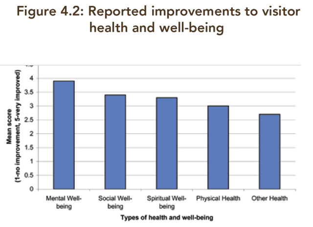 A bar graph showing reported improvements to visitor health and well being after visiting a park.