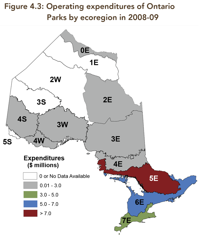 A map showing operating expenditures of Ontario parks by ecoregion in 2008-2009