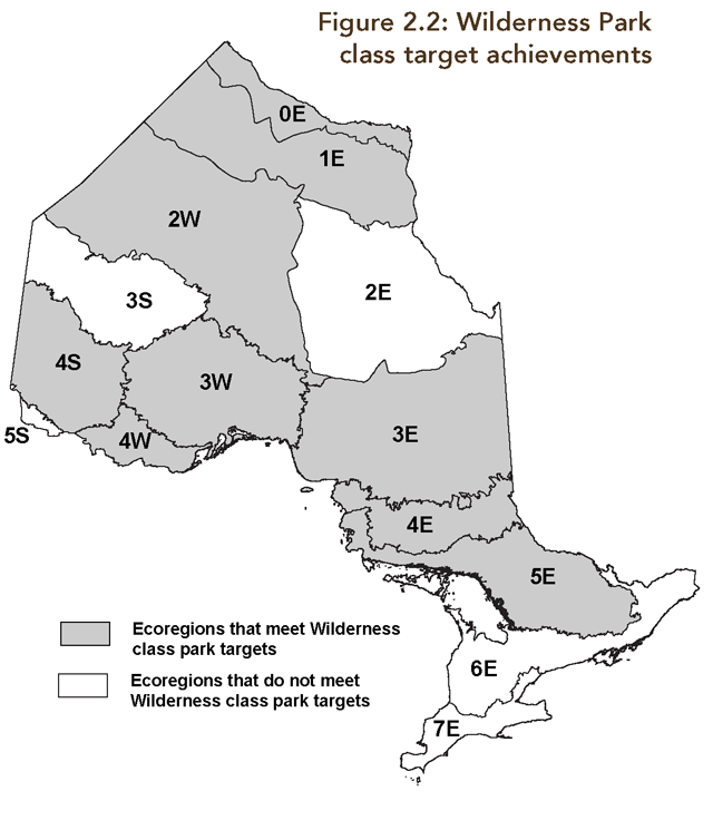 A map illustrating which of Ontario’s ecoregions have reached their wilderness park targets and those that have not