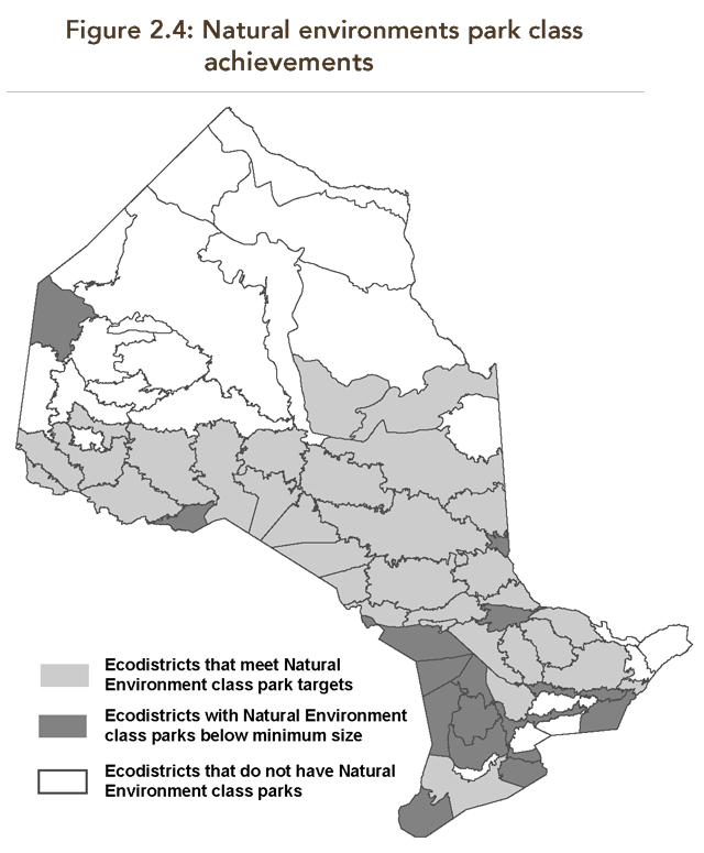 A map illustrating which of Ontario’s ecodistricts have reached their natural environment class park targets and those that have not