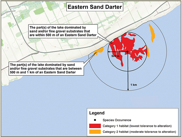 Figure 2: Sample application of the habitat regulation for Eastern Sand Darter in lakes or the Detroit River