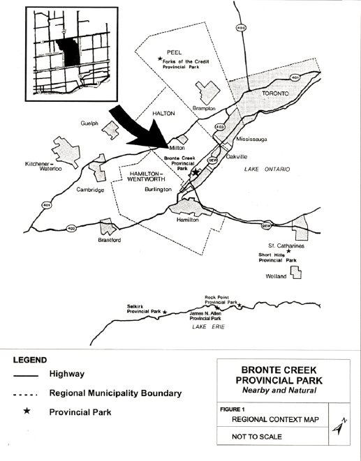 Map showing the Bronte Creek Provincial Park in relation to the surrounding area