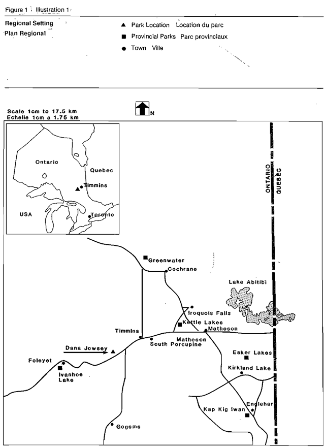 Black and white line map depicts features of regional setting of the Park.