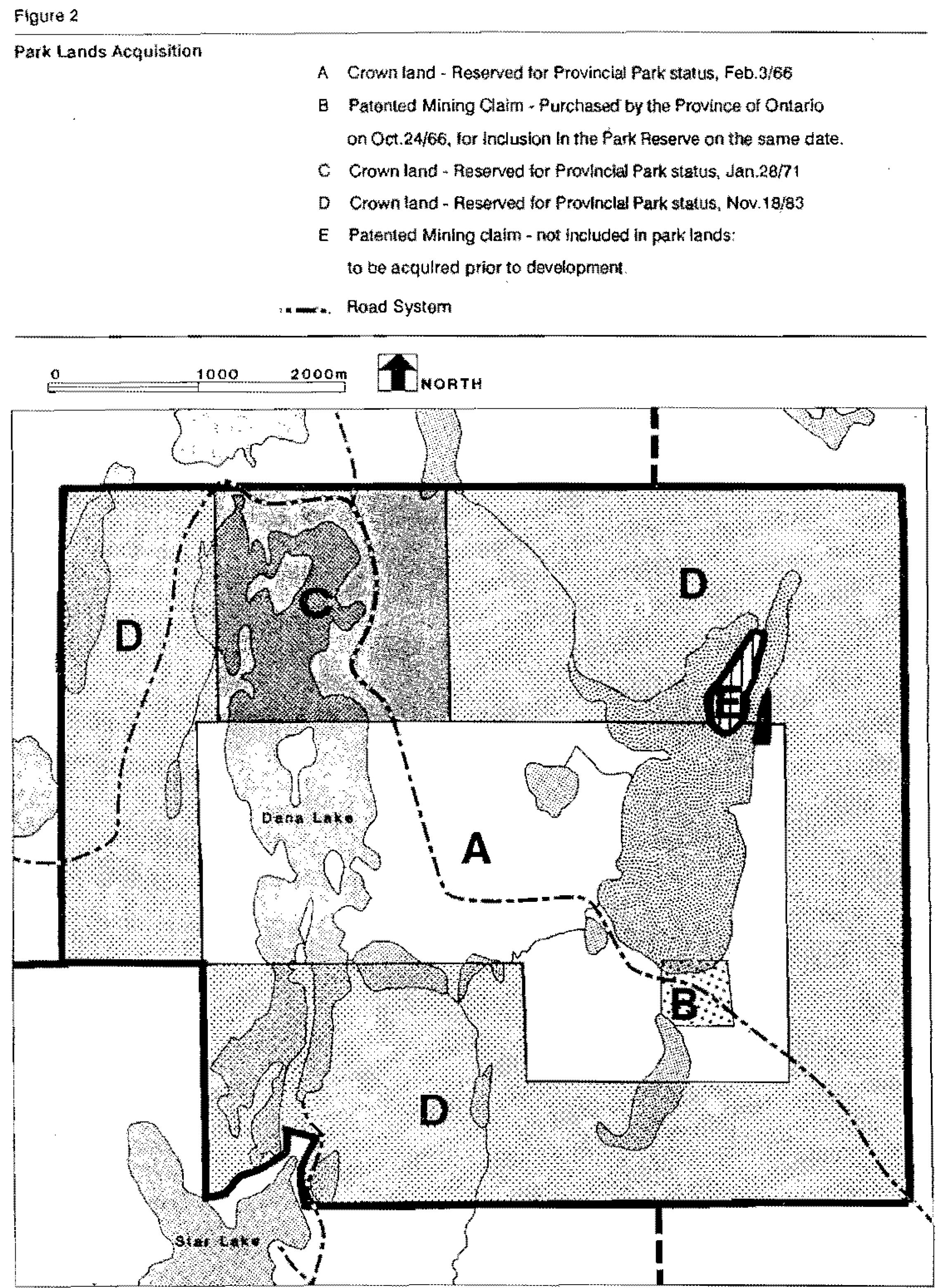 Greyscale map depitcts Park land, Mining claim area, Crown Land reserved for Park status, and the road system throughout the area.
