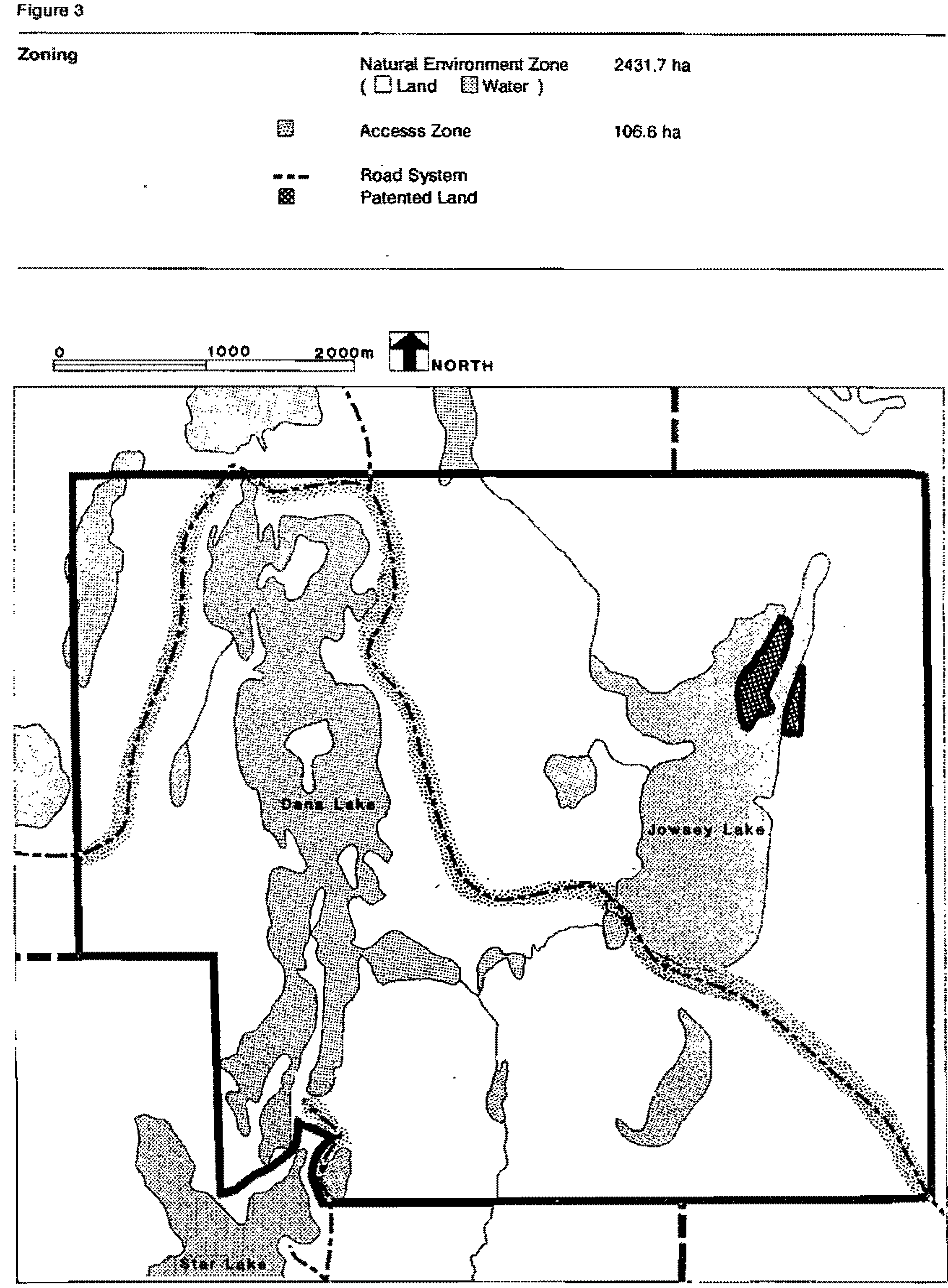Greyscale map depicts access zone, natural environment zone, road system and patented land.