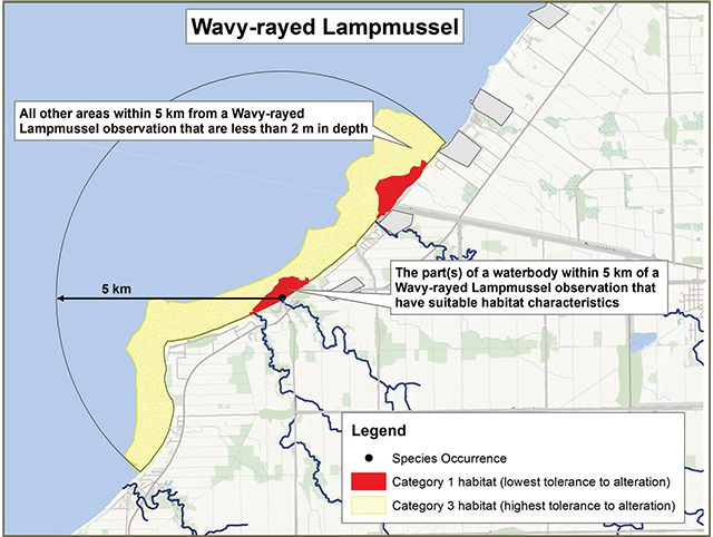 Figure 2: Sample application of the habitat regulation for Wavy-rayed Lampmussel in lakes